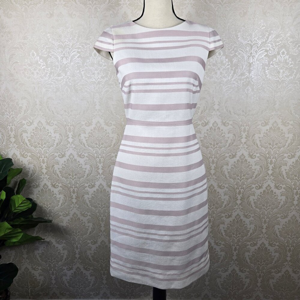 J Crew Size 2 Sheath Dress Cream Mauve Stripes Cap Sleeve Cotton Office Career